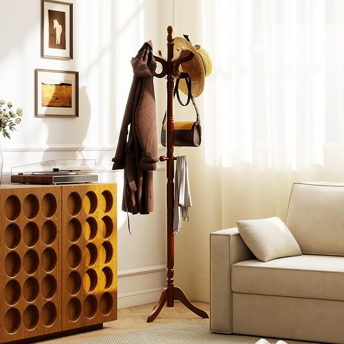 Tangkula Coat Rack Freestanding, Solid Rubber Wood Coat Tree with 11 Hooks and 3 Height Options for Coats, Hats, Bags, Purses, Clothes, Hanger Stand for Entryway Hallway Bedroom Office (Reddish Brown) - Image 3