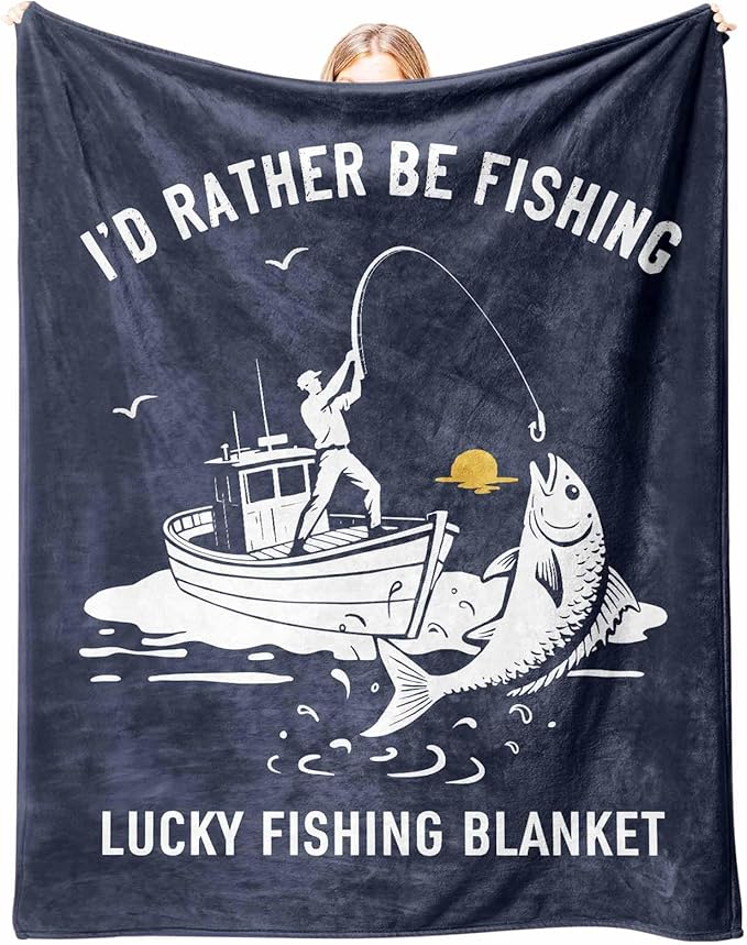 Fishing Gifts for Men, Flannel Soft Lucky Fish Blanket Decor, Fishermen Gifts for Men Boys Accessories, I’d Rather Be Fishing - 50" x 60"