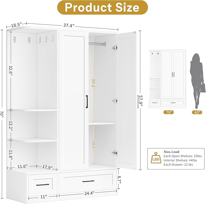 DynJest Armoire Wardrobe Closet with 2 Drawers, 70" Tall Clothing Storage Cabinet with Hanging Rod, 3 Open Shelves & 5 Hooks, 2 Doors Large Capacity Wooden Wardrobe Cabinet for Bedroom, White