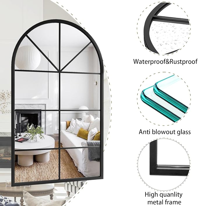 Rowjut Arched Wall Mirror Wall Decorative/Iron Framed Window Pane Mirrors,42" x 24" Window Mirror, Arched Top Wall Mirror for Entryway Living Room, Bedroom, Fireplace .(Deep Black) - Image 3