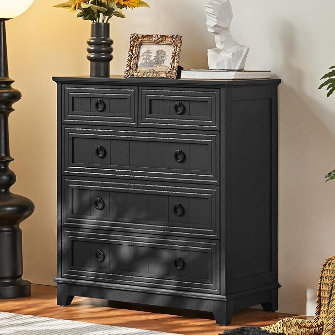Joaxswe Farmhouse 5 Drawer Dresser for Bedroom Set of 2, 33.2" Tall Small Dressers & Chest of Drawers, Rustic Wood Dresser with Metal Handle, Storage Organizer Closet for Living Room, Hallway,Entryway - Image 3