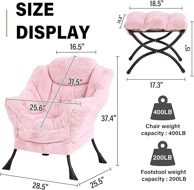 Lazy Chair with Ottoman, Modern Accent Chair Lounge Leisure Sofa Chair with Armrests, Reading Chair and Folding Footstool for Living Room, Bedroom, Office, Plush Pink