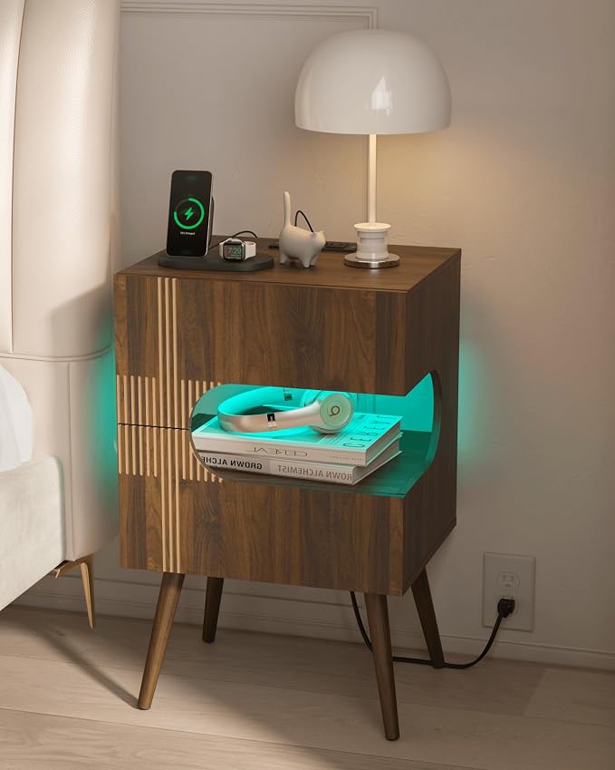 JOONEE Nightstand with Charging Station and LED Lights,Modern Bedside Table with 2 Storage Drawer,Night Stand with Solid Wood Legs,White (Walnut Brown) - Image 8