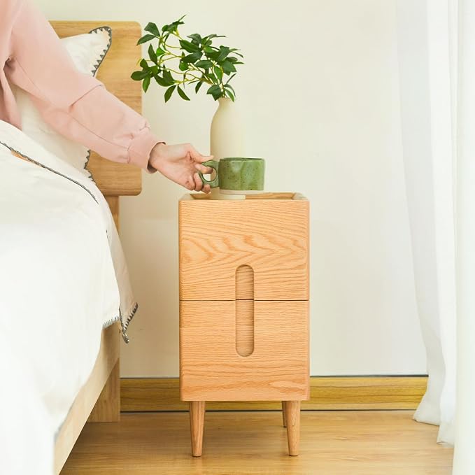 Mid Century Modern Nightstand, Narrow Nightstand, Minimalist Side Table for Bedroom, 2-Drawer Bedside Tables, (Natural, 9.84inches) - Image 8