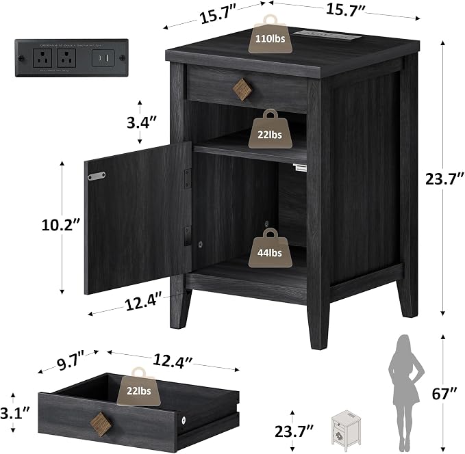 Nightstand with Charging Station and Drawers for Small Space,Wood Nightstand with Storage Cabinet & Drawer & Shelf,Modern and Farmhouse Night Stand for Bedroom,Black - Image 2