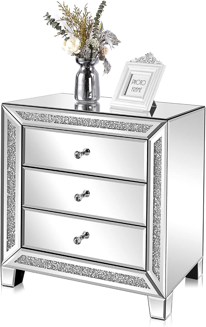 VINGLI Mirrored Nightstand Glass End Table, 23" W Silver Night Stand for Bedroom, Mirrored Bedside Table with Storage, Glass Mirror Nightstand - Image 3
