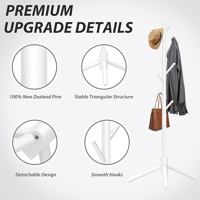 Unisakey Durable Wooden Coat Rack, Freestanding Coat Rack with Stable Triangular Base, 8 Hooks & 3 Adjustable Heights, Simple Assembly for Bedroom, Hallway, Office(New White) - Image 5