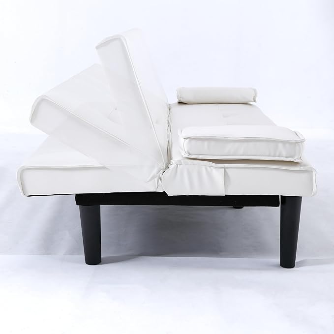 KEIKI 67" Convertible Sofa Bed with Cup Holder, 3 in 1 Futon Sleeper Sofa Chair, PVC Upholstered Sofa for Living Room or Office, White