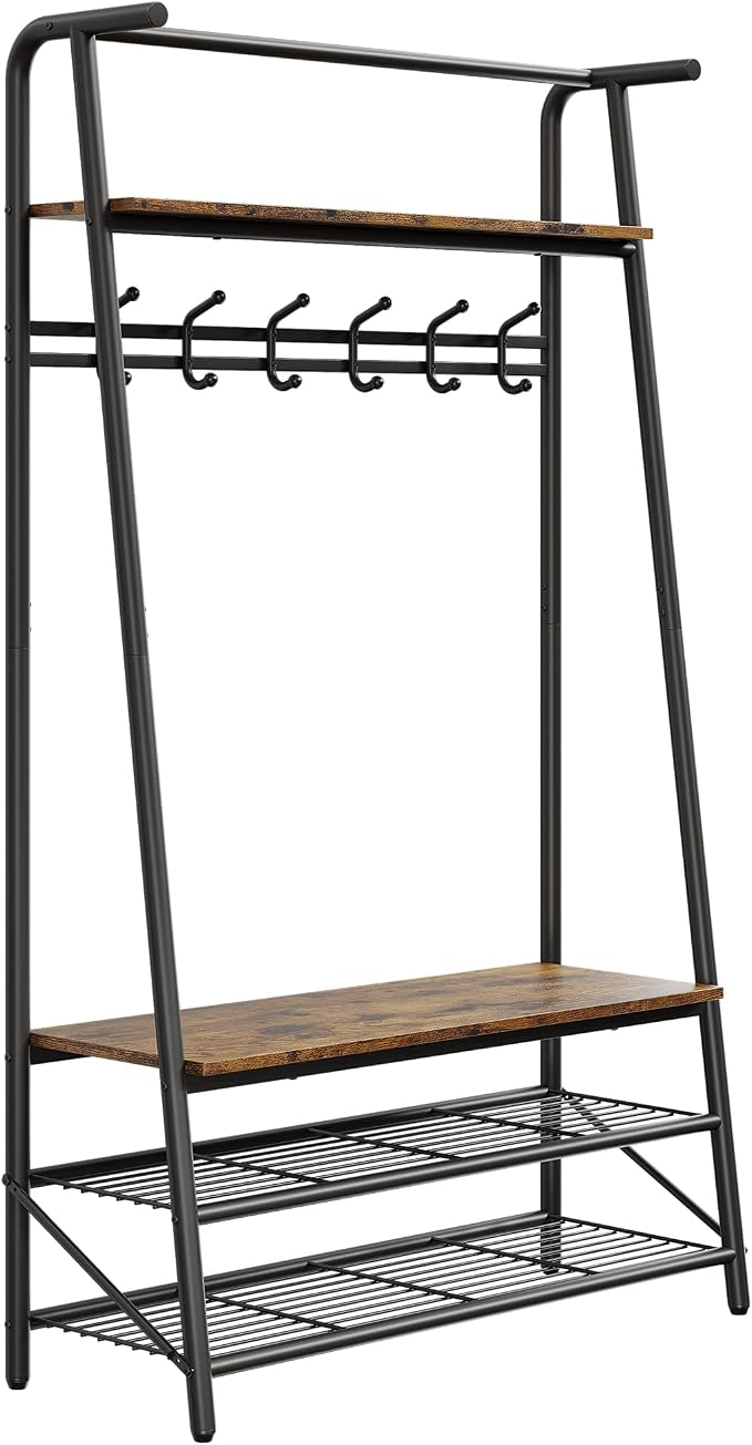 Multi-Functional Hall Tree Coat Rack with Bench & Shoe Storage – Freestanding Metal Frame, 5 Hooks, Clothes Rail – Ideal for Entryway, Hallway, Mudroom – Rustic Brown – 100 Single Row Hooks - Image 4