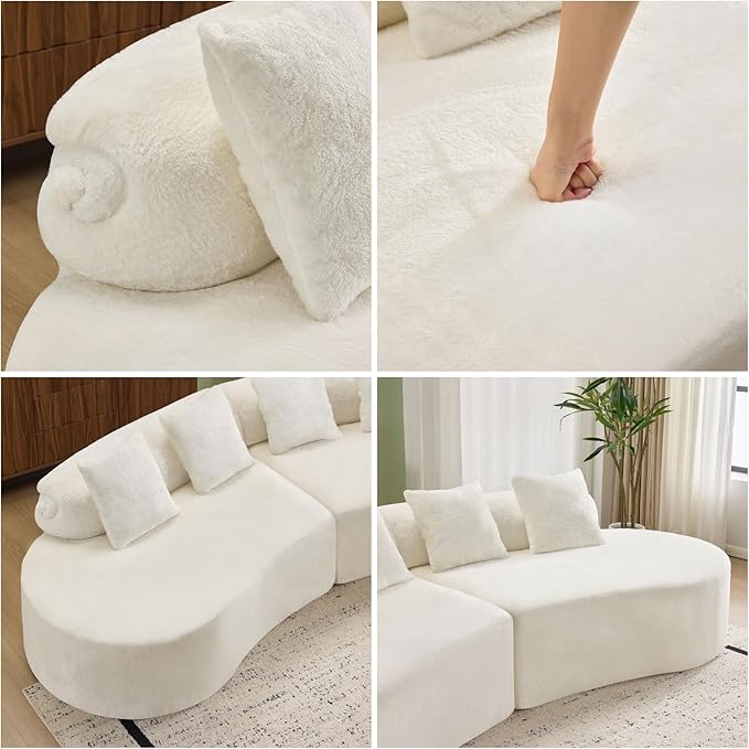 Curved Multi-Seater Sofa, Modern Modular Sofa with Cylindrical Backrest & 4 Coordinating Pillows, 111'' Flannelette Leisure Combination Couch with Ergonomic Design for Living Room, White