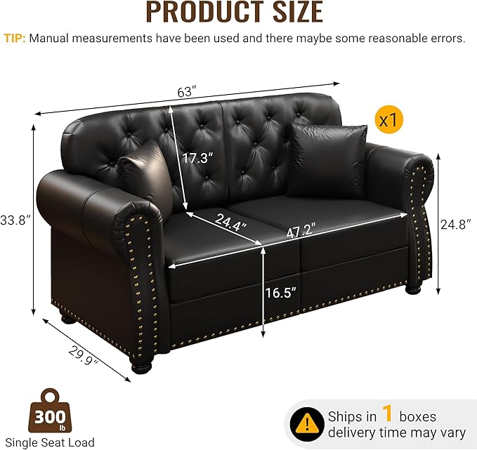 KEIKI 63" Faux Leather Chesterfield Sofa with Rolled Arms & Nailhead Trim, Modern Style 2-Seater Button Tufted Couch with High Resilience Cushion & 2 Pillow, Easy Assembly, for Living Room, Black