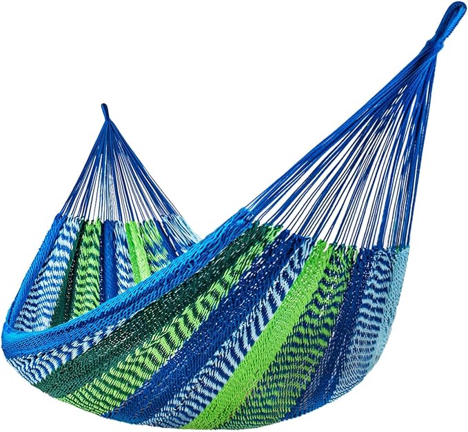 Lazy Daze Hammocks Handwoven Mayan Hammock, 10.5 FT Soft Rope Double Hammocks, Portable Outdoor Hammock with Carry Bag, 2 Straps & Carabiners for Patio Outside, 550 lbs Weight Capacity, Blue/Green by LazyDazeHammocks