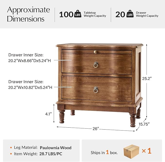 HULALA HOME Solid Wood Storage End Table with Hidden Pull-Out Shelf, Transitional 2 Drawer Side Table with Charging Station, Large SideTable with USB Ports, Easy Assembly, Cherry - Image 2
