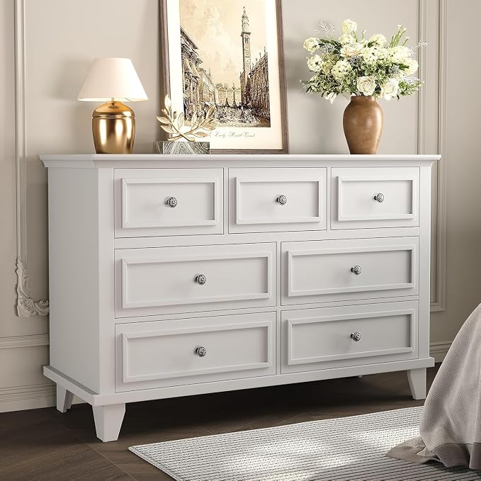 GAOMON White Dresser, 7 Drawer Dresser for Bedroom, Chest of Drawers with Deep Drawers, Closet Dressers with Metal Handle, Thickened Desktop, Wood Rustic Drawers for Hallway, Entryway, Closet by GAOMON