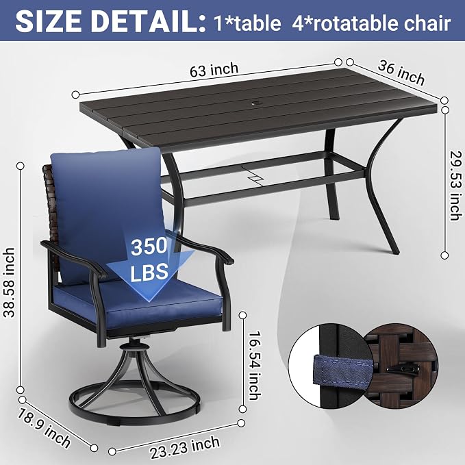 LEVELEVE 7 Piece Outdoor Patio Dining Set with 6 Swivel Dining Chairs & 1 Large Round Dining Table,Bistro Furniture Set for Lawn, Garden, Deck, Backyard and Porch - Image 5