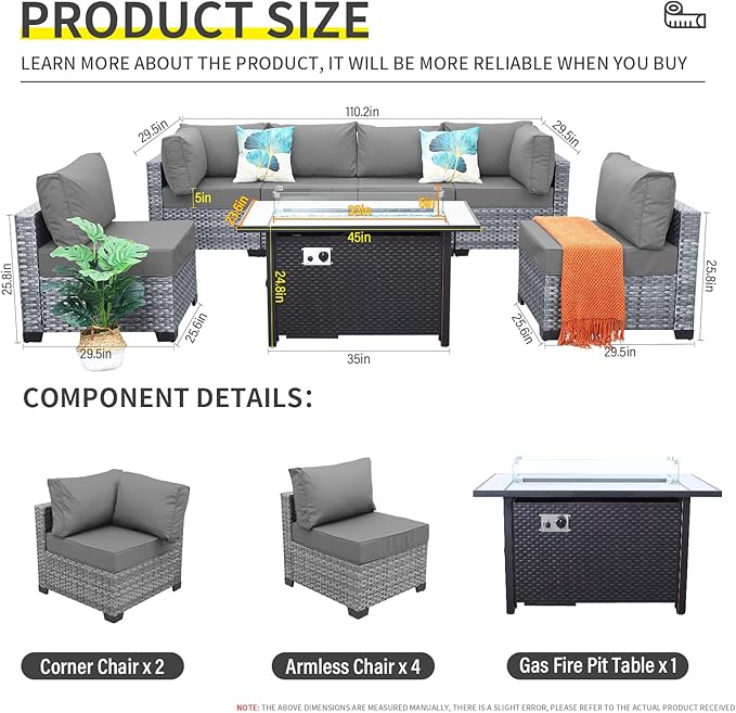 7 Pieces Wicker Patio Furniture Set Rattan Outdoor Sectional Conversation Sofa Set with Fire Pit Table Non-Slip Cushions and Furniture Cover, Light Grey