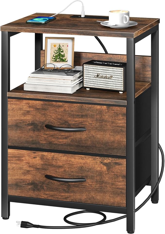 Yoobure Nightstand with Charging Station, Small Night Stand with Fabric Drawers and Storage Shelf for Bedrooms, Small Spaces, Bedside Table with USB Ports & Outlets by Yoobure