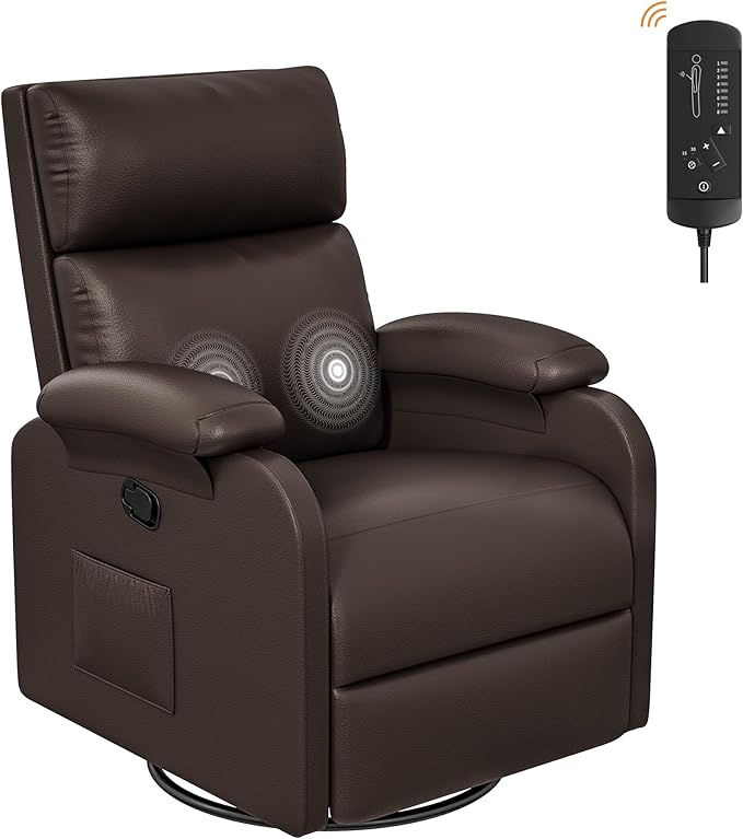 Homall Recliner Chair, 360 Swivel Rocking Chair for Adults, Massage Nursery Chair with Adjustable Backrest and Footrest, PU Leather Glider Rocker Recliners with Side Pocket for Living Room (Brown)