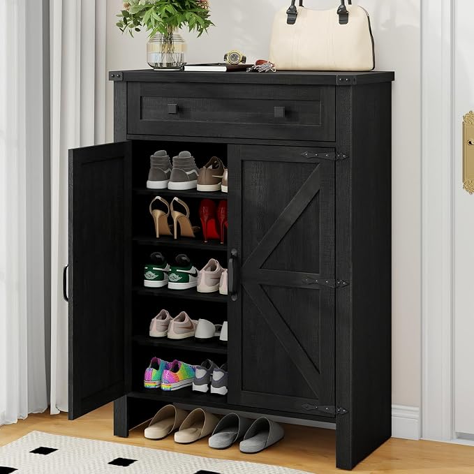 Halitaa Shoe Cabinet, Farmhouse Shoe Storage Organizer, Shoe Storage Cabinet with Doors & Drawer, Boots High-Shoe Cabinet Organizer for Entryway Living Room Hallway, Black by Halitaa