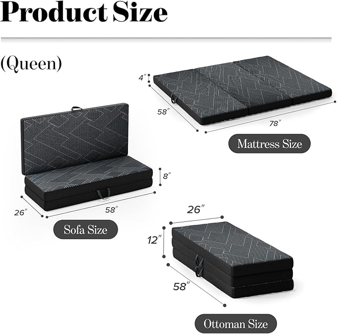 Tri Folding Mattress Queen Size - Foldable Mattress Trifold Memory Foam Mat with Washable Cover, Handle & Non-Slip Bottom Portable Foldable Floor Sofa Bed for Travel Camping Guest - 4 Inch, 78"x58"x4"
