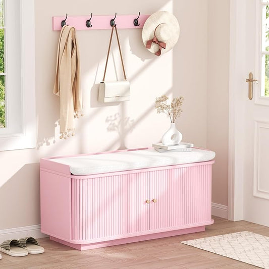 Hall Tree with Bench and Shoe Storage, Entryway Bench with Sliding Door Cabinet, Removable Padded, Metal Wall Hooks and Adjustable Storage Compartments, for Entry, Hallway, Living Room, Pink by Unknown