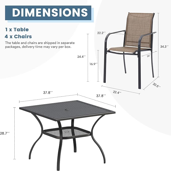 DIFY 5 Pieces Outdoor Dining Table Chair Set, Patio Dining Set with 1 Black Square Curved Legs Table with and Umbrella Hole & 4 Brown Stackable with Armrests Chairs for Lawn, Garden, Porch - Image 2