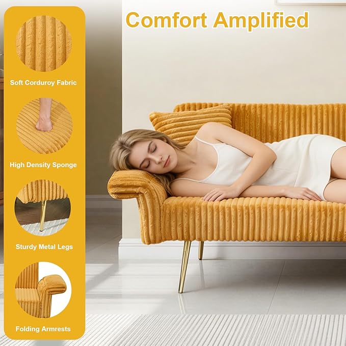 Rovibek Futon Loveseat Sofa Bed, Modern Corduroy Futon Couch with Adjustable Backrest, 2 Pillows, Convertible Futon Sofa for Small Spaces Living Room, Apartment, Guest Room, Yellow