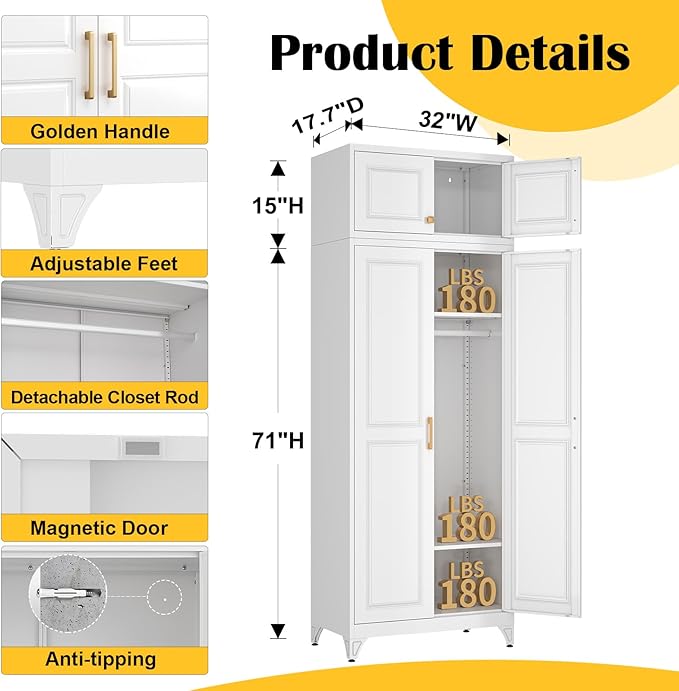 SteeLoong 86" Metal Armoire Wardrobe Closet with Doors,White Tall Clothing Storage Cabinet with Adjustable Shelves and Hanging Rod,Wardrobe Closet for Bedroom,Home,Office,Gym