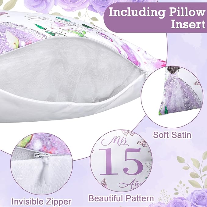 Kathfly Cojines para 15 A??os De Quincea??era Decoration 16 x 16 Inche Violet Quincea??era Pillow Gifts Mis Xv A??os Throw Pillow Sweet for Daughter Sister Friend 15th Birthday Gifts