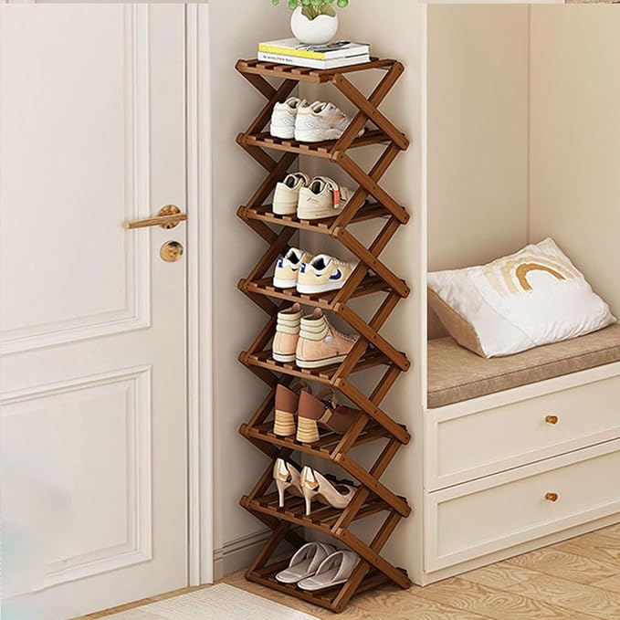 Narrow Shoe Rack - Shoe Storage Organiser- Vertical Bamboo Foldable Shoes Shelf for Entryway, Closet, Bedroom, Hallway ([Tawny] 8 Layers) by YYW