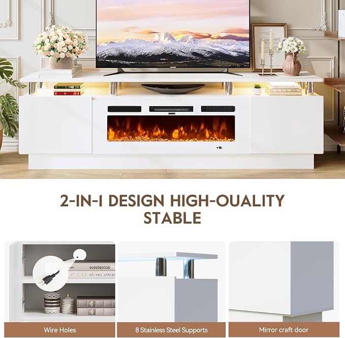 70" TV Stand for Living Room, Entertainment Center & Media Console with Storage, Fits TVs up to 80", Modern TV Cabinet with Shelves, 36" Electric Fireplace (All White) - Image 9