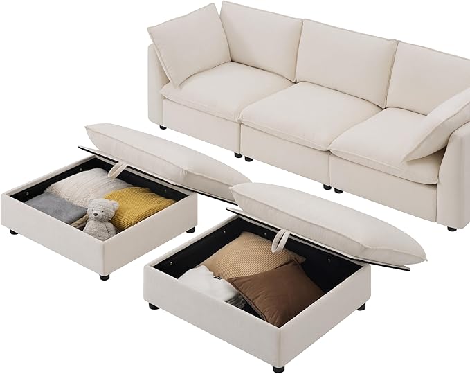 Merax Modern U-Shaped Sectional Sofa with 2 Movable Storage Ottomans, Chenille 6-Seat Couch Set with Fold-Down Backrest Table, Charing Ports, Cup Holders for Living Room,Space Saving, Beige
