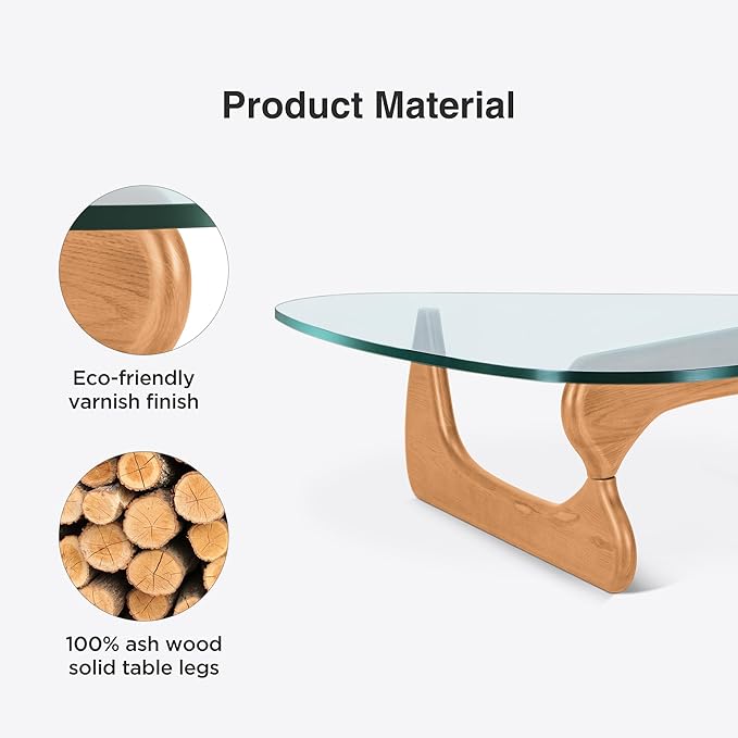 Triangle Glass Coffee Table Vintage Glass End Table, Solid Wood Base and Triangle Clear Glass Top Modern End Table for Living Room, Patio, Study (Light Walnut)
