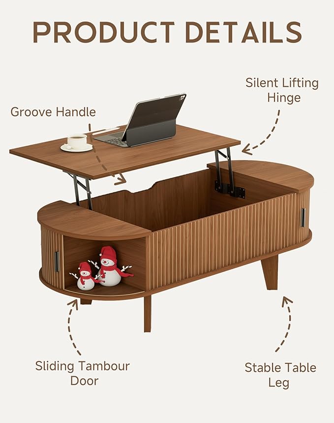 Oval Coffee Table with Storage, 47.2" Fluted Lift Top Coffee Table with 180° Sliding Tambour Door, Mid Century Modern Center Table for Living Room, Office, Cafe, Walnut