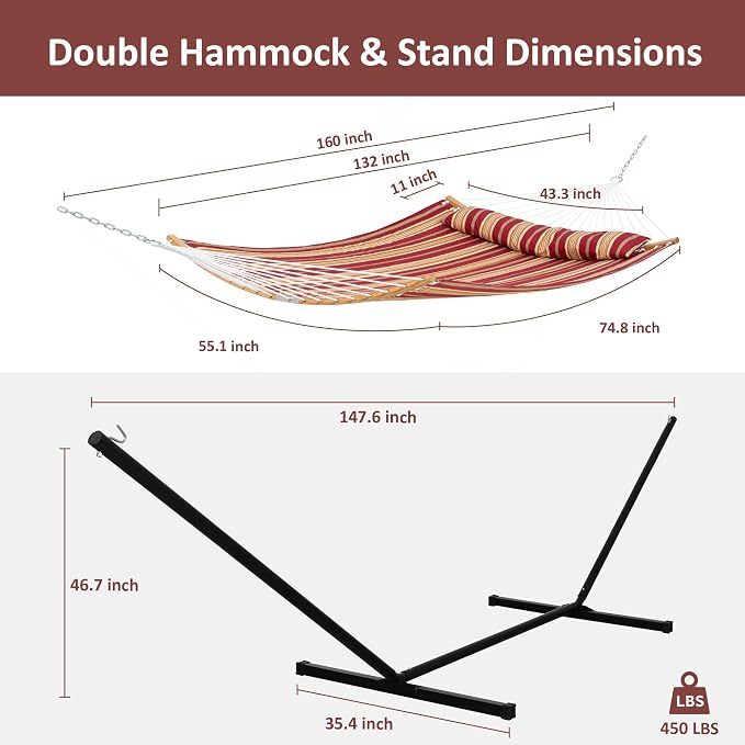 SUNCREAT Hammocks Portable Hammock with 12 ft Stand Included, Double Hammock with Curved Spreader Bar, Red Stripes - Image 6