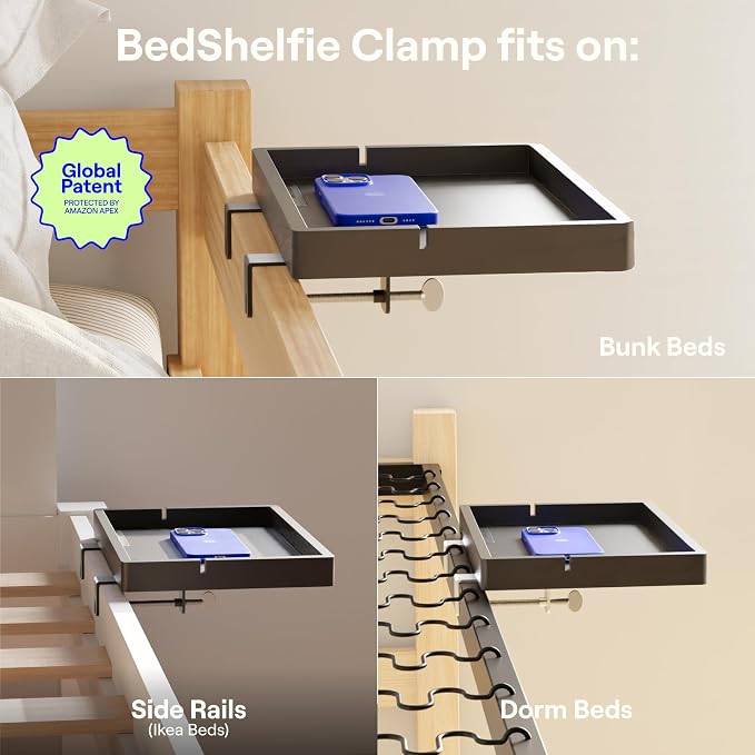 BedShelfie Wood Bedside Shelf for Bunk Bed & Top Bunk, College Dorm Room Essentials, Loft Nightstand, Floating Bed Side Table Tray Storage, Dorm Room Decor By Smallish - (Flexfit Bamboo Model, Black) - Image 5