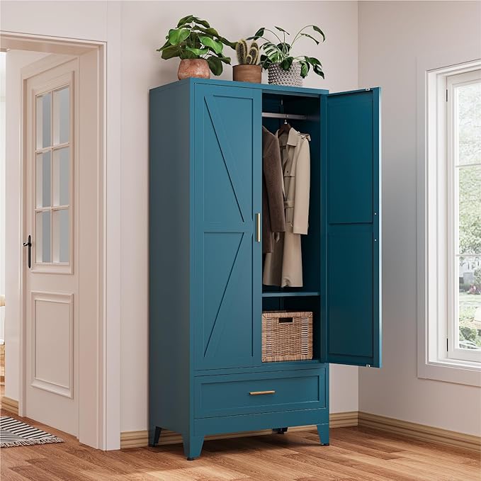 71" Tall Metal Armoire Wardrobe Closet,17.7" Deep By 31.5" Wide Portable Closet for Hanging Clothes,Wardrobe Cabinet with Drawer and Shelve for Bedroom Office Laundry Room,Blue 1 Pack
