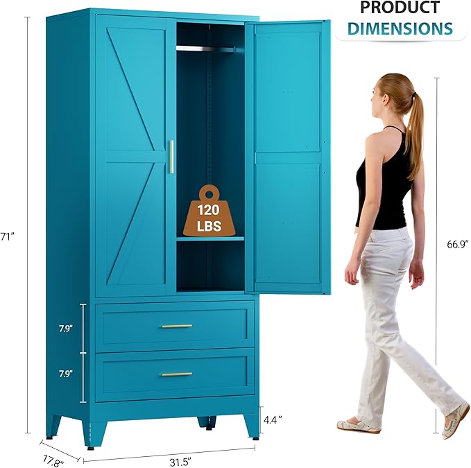 Metal Armoire Wardrobe Closet with 2 Drawers, 71" Wardrobe Cabinet with Adjustable Shelf & Hanging Rod for Bedroom, Blue Metal Closet Storage Cabinet with 2 Doors & Drawers