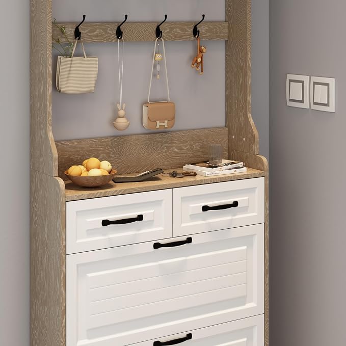 Vibe & Dine Shoe Cabinet, Entryway Shoe Storage Cabinet with 3 Flip Doors and 2 Drawers, 2-in-1 Wooden Shoe Rack Organizer with Coat Hooks for Hallway Cloakroom, Oak Color - Image 5