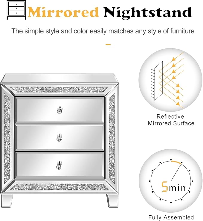 VINGLI Mirrored Nightstand Glass End Table, 23" W Silver Night Stand for Bedroom, Mirrored Bedside Table with Storage, Glass Mirror Nightstand - Image 5