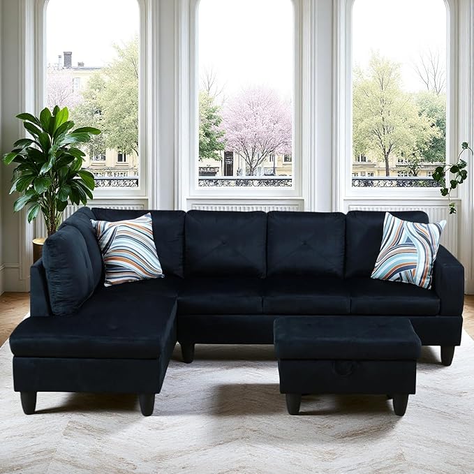 Sectional Couches for Living Room Furniture Sets, 4 Seat L Shaped Couches with Ottoman, Modular Sectional Sofa for Apartment Furniture Sets, Dark Blue