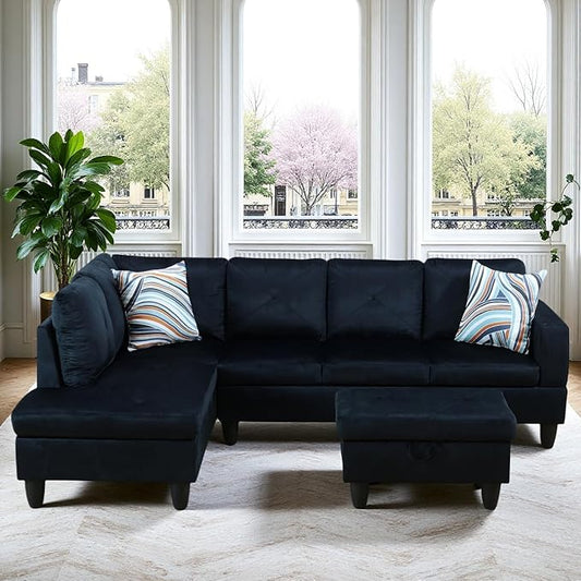 Sectional Couches for Living Room Furniture Sets, 4 Seat L Shaped Couches with Ottoman, Modular Sectional Sofa for Apartment Furniture Sets, Dark Blue