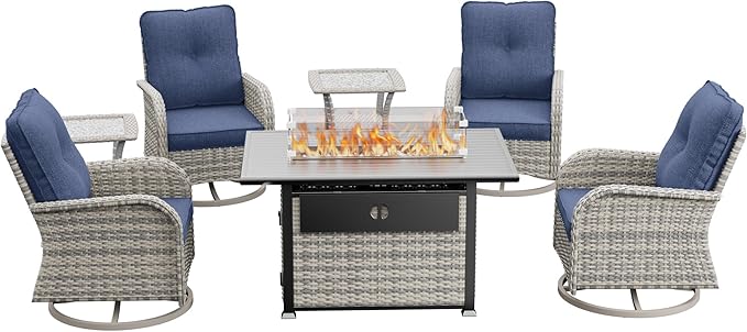 7Pcs Patio Rocking Swivel Chair with 55,000 BTU Fire Pit Table Outdoor Wicker Rattan Bistro Set with Tempered Glass Side Table, Outdoor Patio Furniture Set for Garden and Balcony, Blue