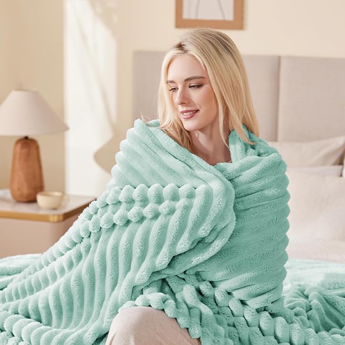 EXQ Home Fleece Throw Blanket for Couch or Bed - 3D Stripe Jacquard Decorative Blankets - Cozy Soft Lightweight Fuzzy Flannel Blanket Suitable for All Seasons(50"??60",Cyan-Blue)