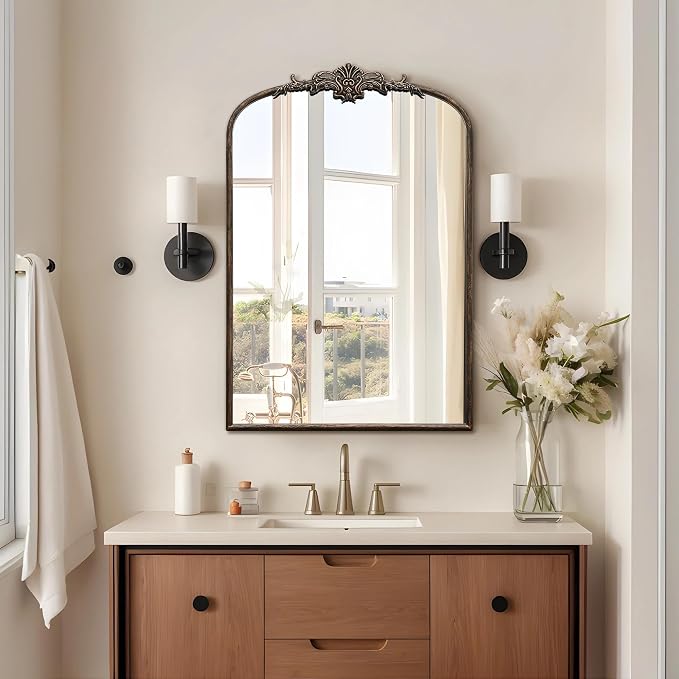 Besdomus Antique Large Arched Mirror: 24"x36" French Arch Black Vintage Wall Vanity Mirror - Traditional Ornate Home Decor for Entryway/Fireplace/Bathroom/Bedroom - Idea for Young Couples - Image 5