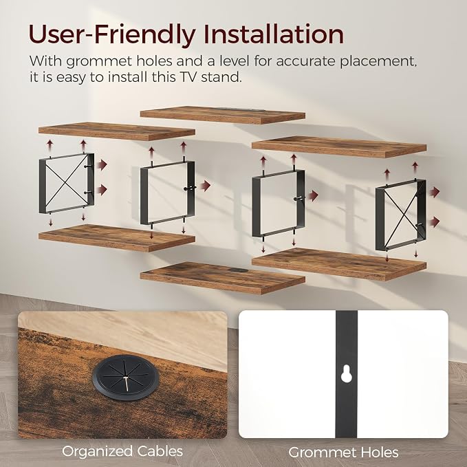 MAHANCRIS 43.7” Floating TV Stand with Power Outlet, Wall-Mounted Entertainment Center, Floating Metal Frame Media Console Shelf for Under TV Storage, for Living Room, Bedroom, Rustic Brown TVHR101E01 - Image 6