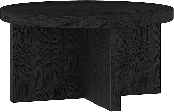 Henn&Hart 33" Round Pedestal Low-Profile Coffee Table for Living Room, Family Room, Office or Apartment, Black Grain