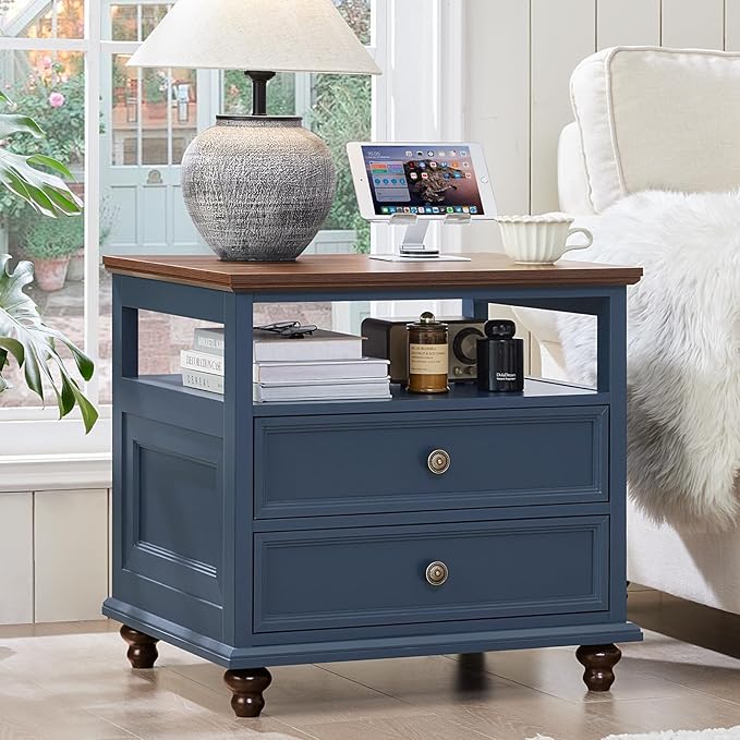 Joaxswe 24" Wide Farmhouse Nightstand with Charging Station Set of 2,54" 7 Drawers Dresser, 45" Tall Rustic Chests of 5 Drawers, Farmhouse Furniture Series for Bedroom,DarkBlue