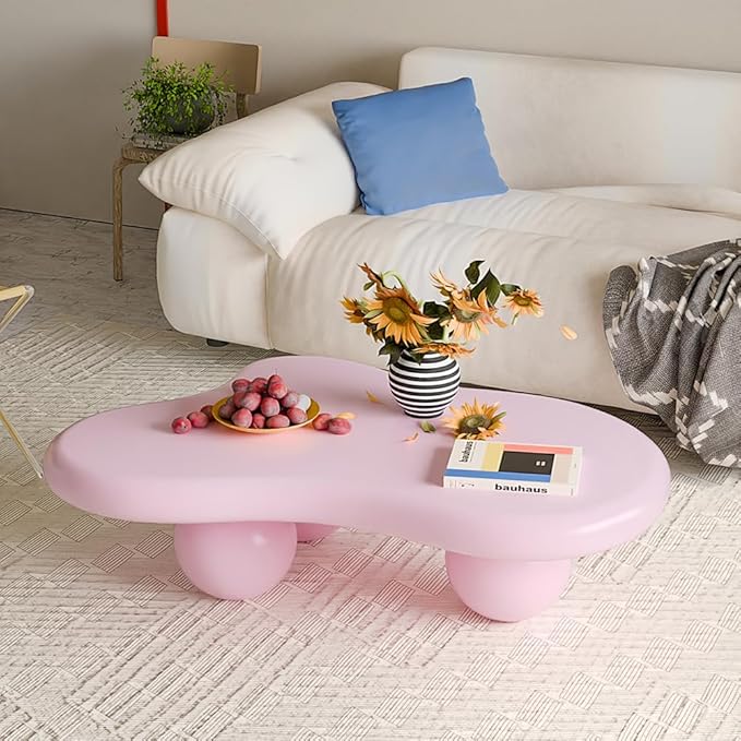 40" Cloud Coffee Table for Living Room Irregular Coffee Table Modern Low Coffee Tables Cute Center Table with 3 Ball Legs for Small Space Apartment Cream Pink