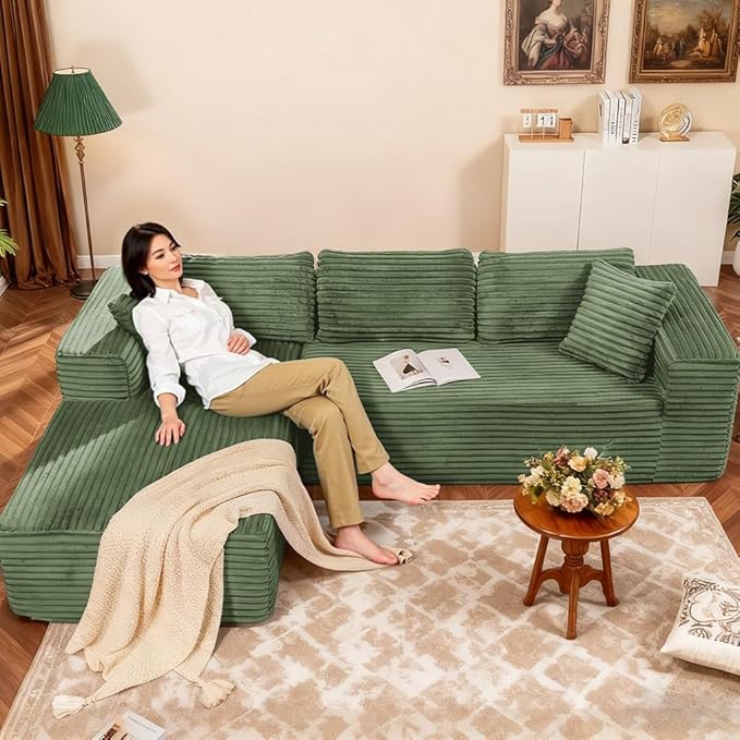 COMHOMA 105”Modular Sectional Sofa with Deep Seat,Cloud Upholstered L-Shape Couch Wide Arms Corduroy Fabric High-Density Foam Chaise Lounge for Living Room No Assembly Required